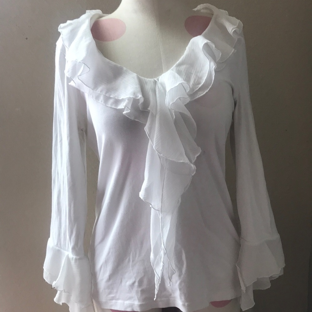 JONES NEW YORK WHITE RUFFLE LONG SLEEVE TOP